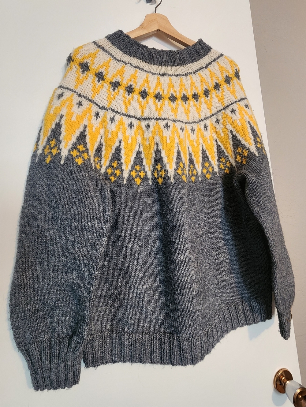 Gray and yellow wool Fair Isle knit sweater